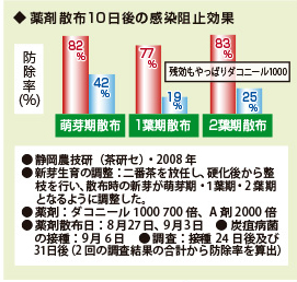 薬剤散布10日後の感染阻止効果　萌芽期散布：防除率82%、1葉期散布：防除率77%、2葉期散布：防除率83%（残効もやっぱりダコニール1000）静岡農技研（茶研セ）・2008年　新芽生育の調整：二番茶を放任し、硬化後から整枝を行い、散布時の新芽が萌芽期・１葉期・2葉期となるように調整した。薬剤：ダコニール1000 700倍、A剤 2000倍 薬剤散布日：8月27日、9月3日　炭疽病菌の接種：9月6日  調査：接種24日後及び31日後（2回の調査結果の合計から防除率を算出）　